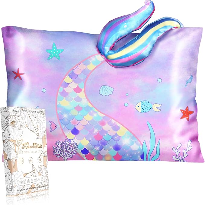 Toddler Pillowcases 13"x18" for Kids - Cute Cartoon Soft Breathable Silk Pillow Cases for Hair and Skin with Hidden Zipper for Girls Fun Kawaii Design for Bedding, Fish Tail