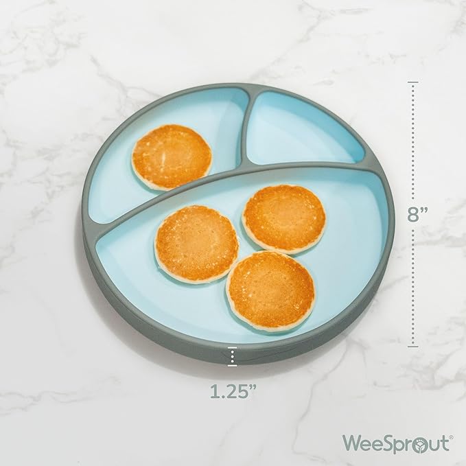 WeeSprout Silicone Suction Plate - Two-Tone Baby Plate with Suction Cup - Sectioned Divided Dish for Kids, Infants, Toddlers - Food-Grade Silicone Dinnerware (Sky/Matte Green)