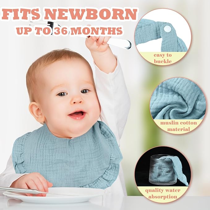 Seematn 10 Pcs Baby Muslin Bibs Drool Bibs Bandana Ruffle Soft Cotton for Newborn Baby Infants Girl Teething Toddlers Boy(Gentle Colors)