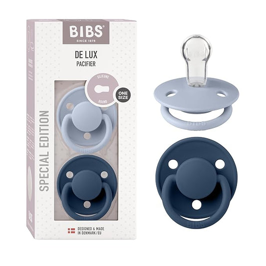 BIBS Pacifiers OneSize | 2-Pack Soothers | BPA-Free Symmetrical Nipple | Made in Denmark | Dusty Blue/Steel Blue De Lux Pacifier
