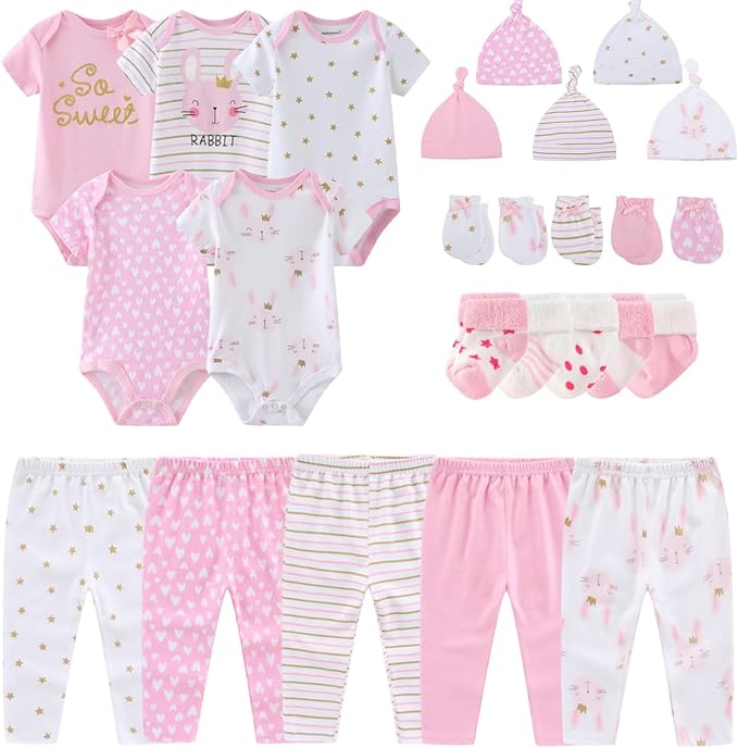 Newborn Layette Gift Set Bodysuits Pants for Baby Girl and Boy 24 Piece 100% Cotton Essentials and Accessories