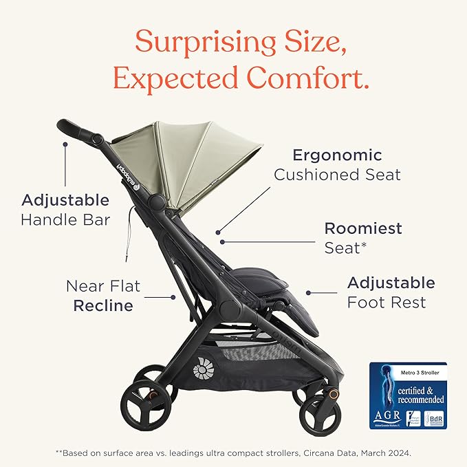 Ergobaby Metro 3 All in One Compact Baby Stroller - Foldable, Lightweight Travel Stroller - Easy One-Hand Fold for Overhead Airplane Storage (Carries up to 50 lbs) - Car Seat Compatible - Onyx Black
