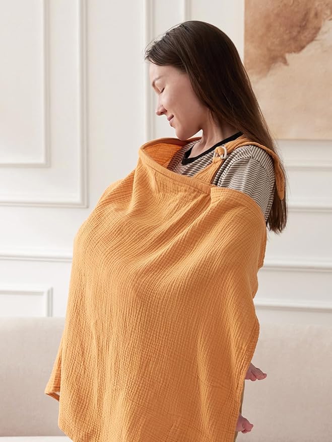 TILLYOU Muslin Nursing Cover for Baby Breastfeeding, 100% Cotton Breathable with Arch Neckline for Women, Orange