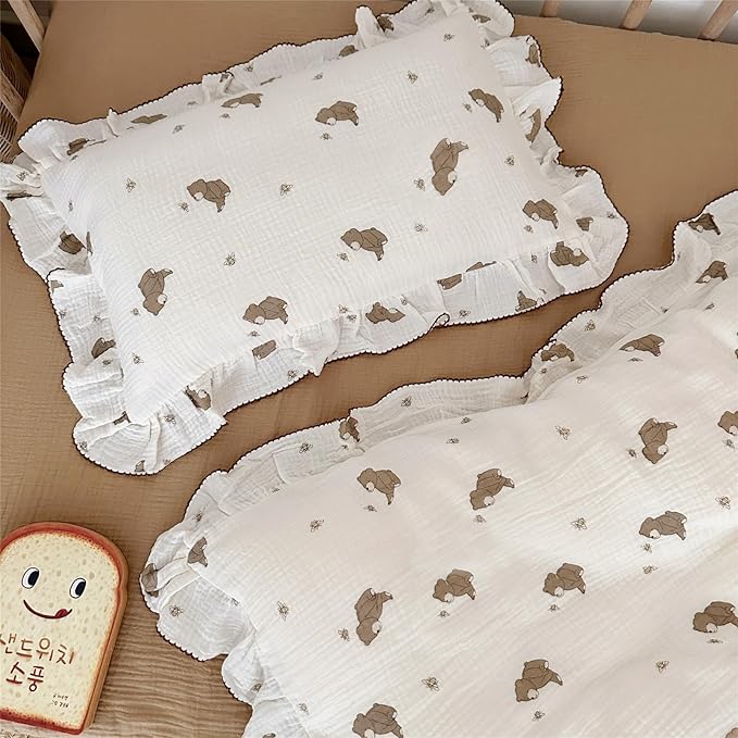 AOJIM Cute Cartoon Pattern Muslin Toddler Kids Pillow Case Super Soft Cotton Baby Crib Pillowcase 1pc with Ruffle Edge, Machine Washable Boys Girls Pillowcase with Bear and Bee Print for Decor,14x20''