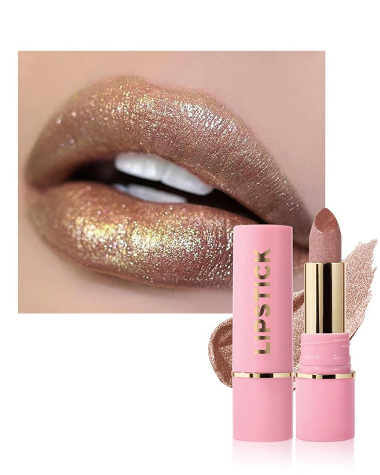 Glitter Metallic Shimmer Lipstick Long Lasting,Glitter Diamond Shine Red Color Matte Lipstick Transfer Proof Non-Stick Lip Gloss Shimmer Highly Pigmented Full Coverage Lip Makeup for Women-01
