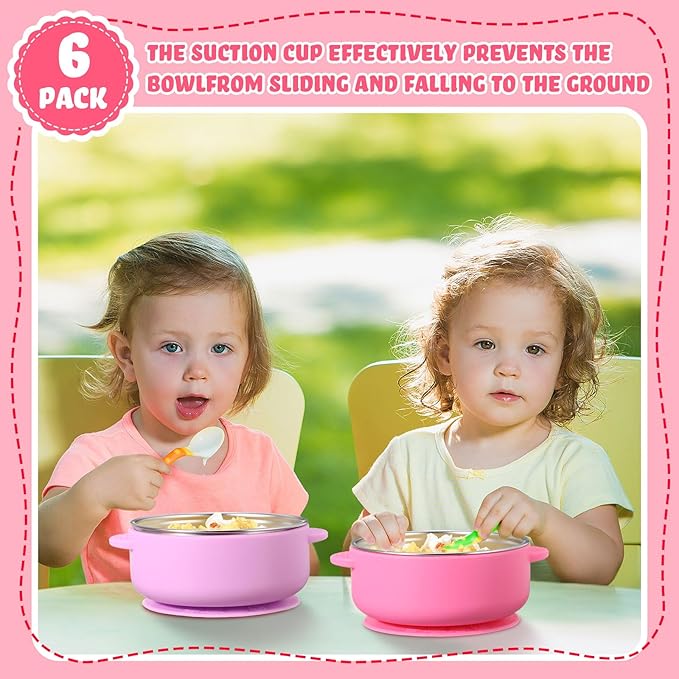 Nuogo 6 Pcs Stainless Steel Baby Bowls with Removable Silicone Shell 304 Toddler Bowls Kids Anti Scald Snack Container for Food Feeding, Dishwasher Safe(Red Series Color,Suction-a)