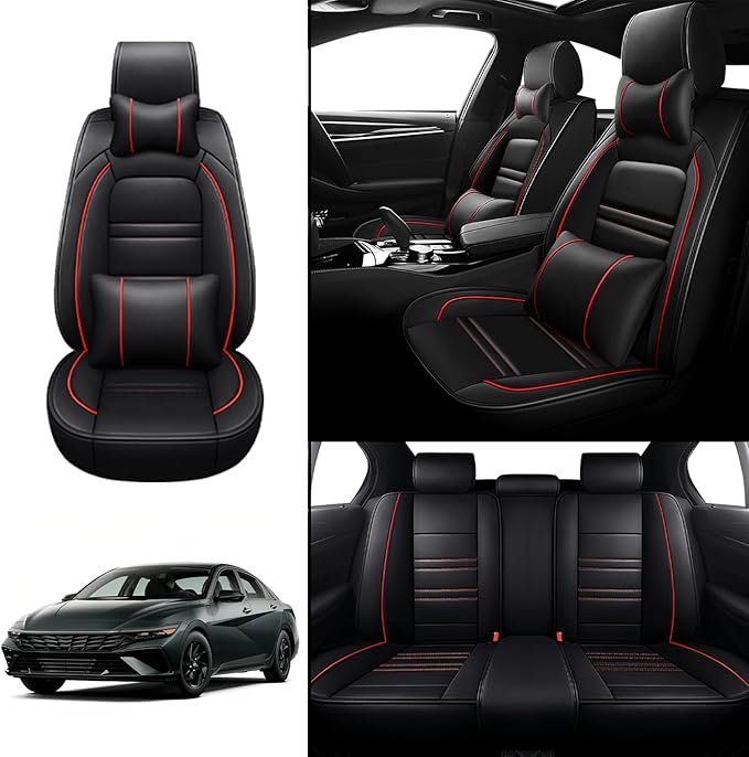 Car Seat Covers for Hyundai Car Elantra 2001-2025 | 5-Seats Seat Covers, Waterproof Seat Protectors, Automotive Seat Covers (Full Set with Pillow,Black&Red Line)