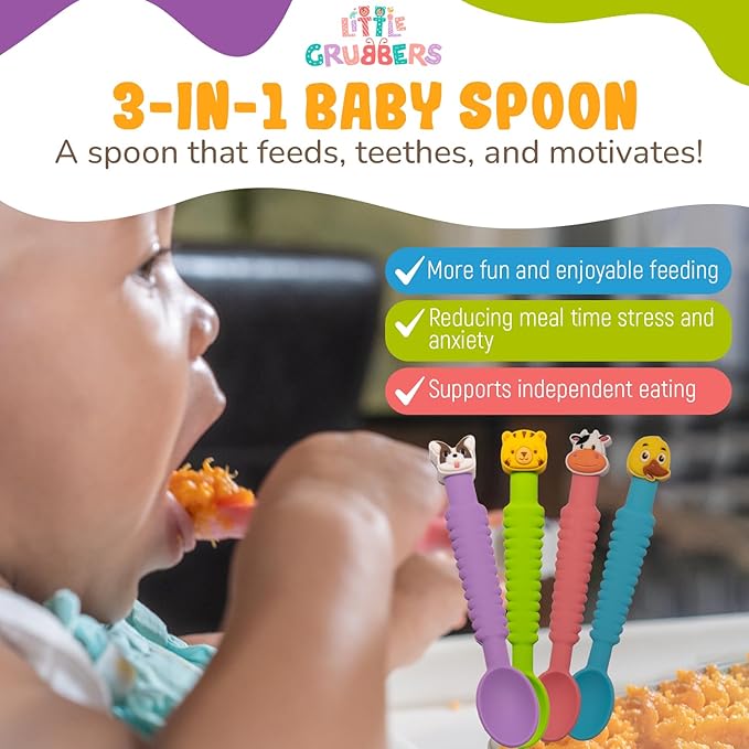 3-in-1 Silicone Baby Spoon Self Feeding 6+ Months - Pediatric OT Designed Teether Spoon, BPA Free Toddler Utensils, Mess-Free, Fun for Baby Led Weaning Supplies, Cow & Duck