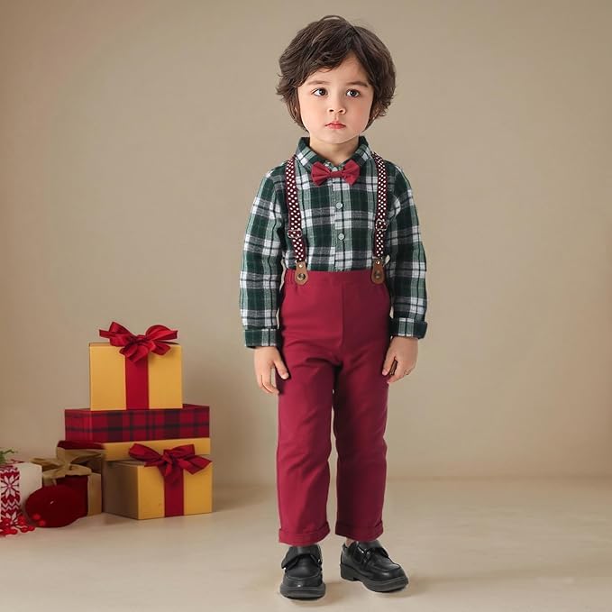 Boarnseorl Baby Boys Pants Sets,Toddler Gentleman Outfits, Infant Long Sleeve Shirt + Pants + Bow Tie + Suspenders