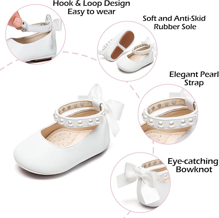 Baby Girls Mary Jane Flats - Infant Newborn Walking Shoes Soft Rubber Sole Princess Wedding
