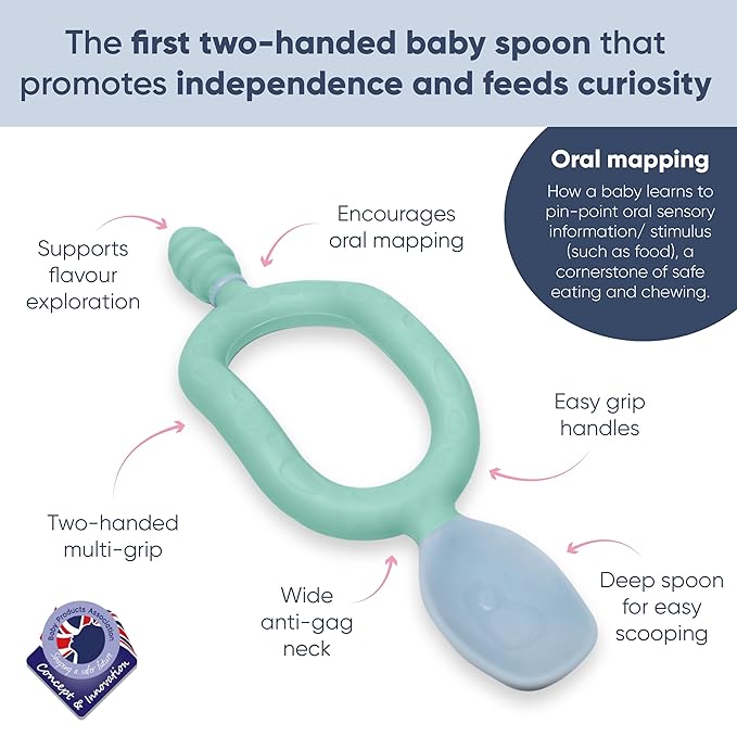 Bibado - Dippit Baby Spoon and Dipper, Green & Grey (2-Pack) - Soft, Chewable Dipper & Deep Spoon - Two-Hand, Sensory Grip - Toddler Utensils - Baby Led Weaning Supplies - Baby Essentials - 6 Months+