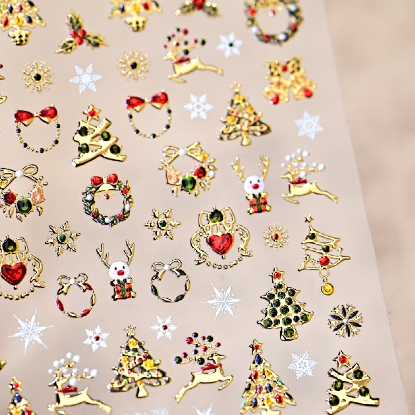 Christmas Nail Stickers for Nail Art Glitter Gold Cute Reindeer Christmas Tree Wreath Nail Art Stickers Xmas 5D Embossed Nail Decals 3D Self-Adhesive Nails Supply Manicure Sliders for Nails Decoration