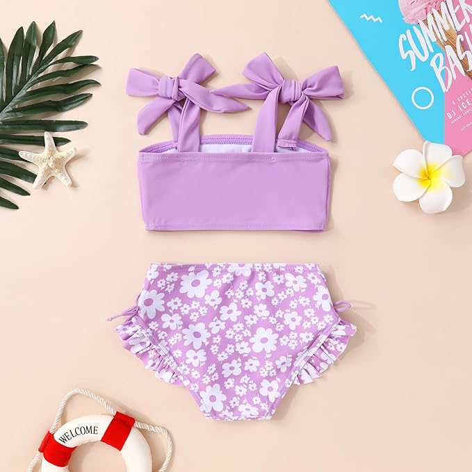 Toddler Swimsuit Girl Color Block Stripe Swimwear Baby Girl Summer Beach Bathing Suits Bikini Set with Ruffled Edges