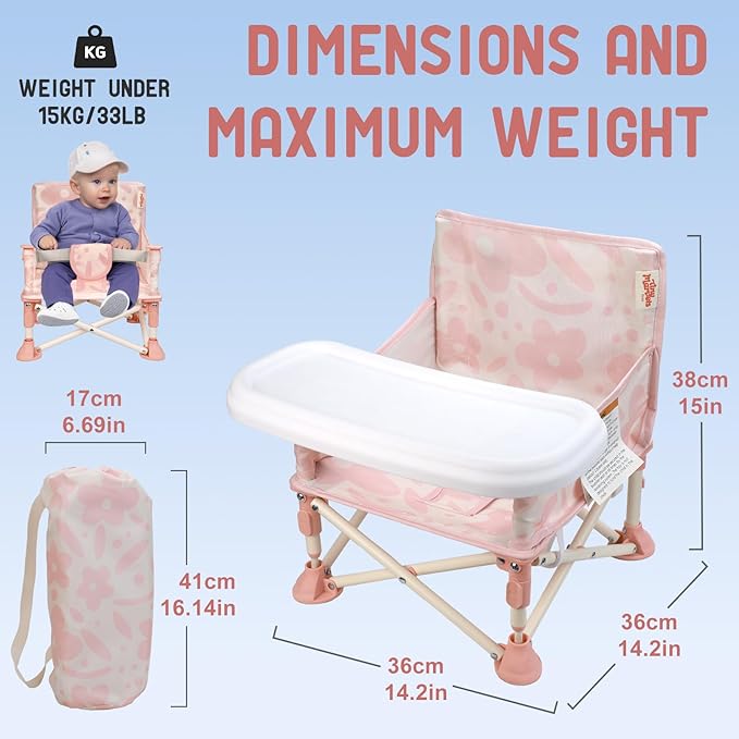 Tiny Marvels Portable 3-in-1 Baby Chair, Cozy Booster Seat, Baby Seat with Tray, Compact Foldable, Toddler Chair with Child Safety Belt Carry Bag, Perfect for Travel (Blush Bloom)