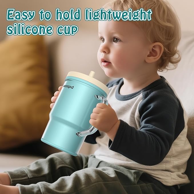 Toddler Cups – 9 oz Adorable Miniature Tumbler with Leak-Resistant Straw and Toddler-Friendly Handle, Encourages Hydration, Easy to Clean, Sippy cups for Toddlers 1-3，BPA Free silicone (Teal)
