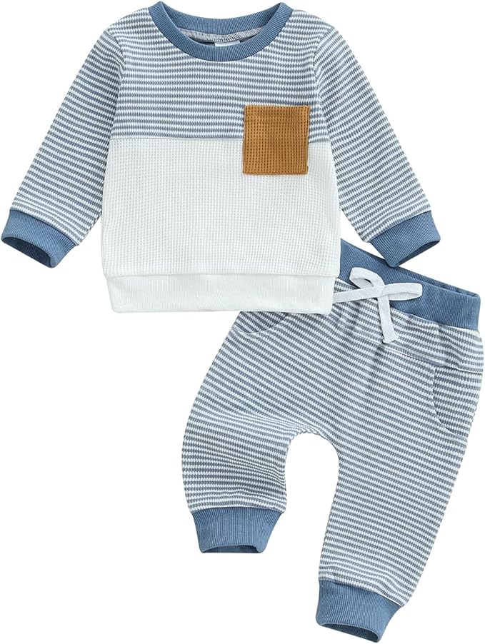 Toddler Baby Boy Fall Clothes Waffle Outfit Long Sleeve Color Blocking Sweatshirt Pullover Jogger Pant Set