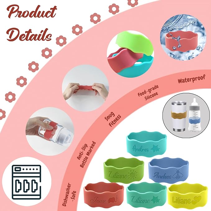 Personalized Baby Bottle Labels for Daycare Custom Water Bottle Name Bands Customized Engraved Silicone Baby Reusable Bottle Straps Labels for Cups School-Green