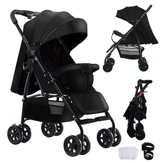 Lightweight Travel Stroller at Only 4.6 kg, Folding Compact Pushchair with Multi-Position Recline, Babies and Toddlers Pram from Birth, Baby Buggy with Cup Holder, Canopy (A8 Black)