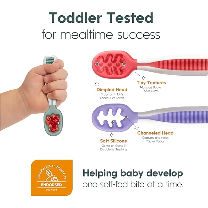 NumNum Baby Spoons Set, Silicone Pre-Spoon GOOtensils for Kids Aged 6+ Months - First Stage, Baby Led Weaning (BLW), Teething Spoon - Travel Case + 2 Spoons, Blue/Navy