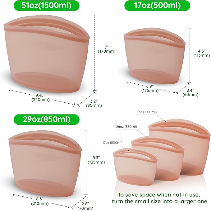 Premium Platinum Silicone Reusable Food Storage Bags 3-Pack (17 fl oz + 29 fl oz + 51 fl oz), Airtight Zip Lock Bags for Food, BPA-Free Silicone Freezer Bags, Rose