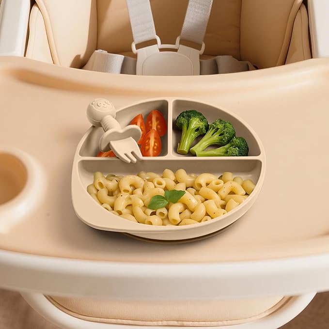 Silicone Baby Feeding Set Plates and Utensils Set for Baby Toddlers Infant Kids,forks and spoons baby plates with suction,baby spoons self feeding 6 months,baby feeding essentials (Beige)