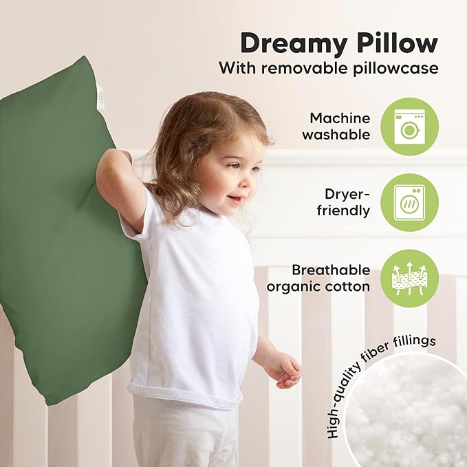 KeaBabies Toddler Pillow with Pillowcase, Jumbo 14X20 - Soft Organic Cotton Toddler Pillows for Sleeping - Machine Washable - Perfect for Travel, Toddler Bed Set (Jungle Green)