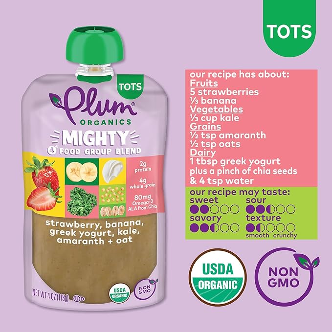 Plum Organics Kale, Strawberry, Banana, Amaranth Oat and Greek Yogurt Baby Food in Pouch, Organic Food Squeeze, Non GMO, 4 Ounce (Pack of 6)