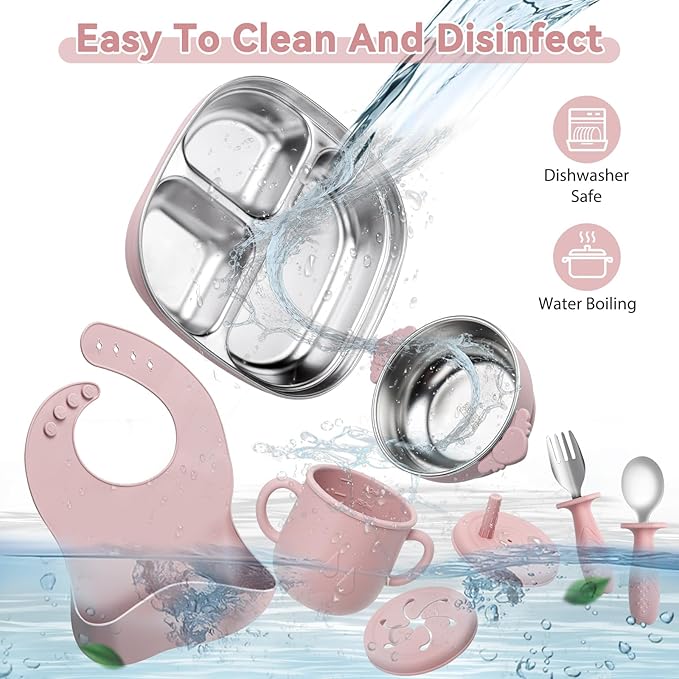Stainless Steel Kids Plates and Bowls Set with Suction, Divided Baby Plate and Toddler Bowl with Removable Silicone Suction,Stainless Steel Weaning Bundle, Silicone Baby Feeding Set (Pink)