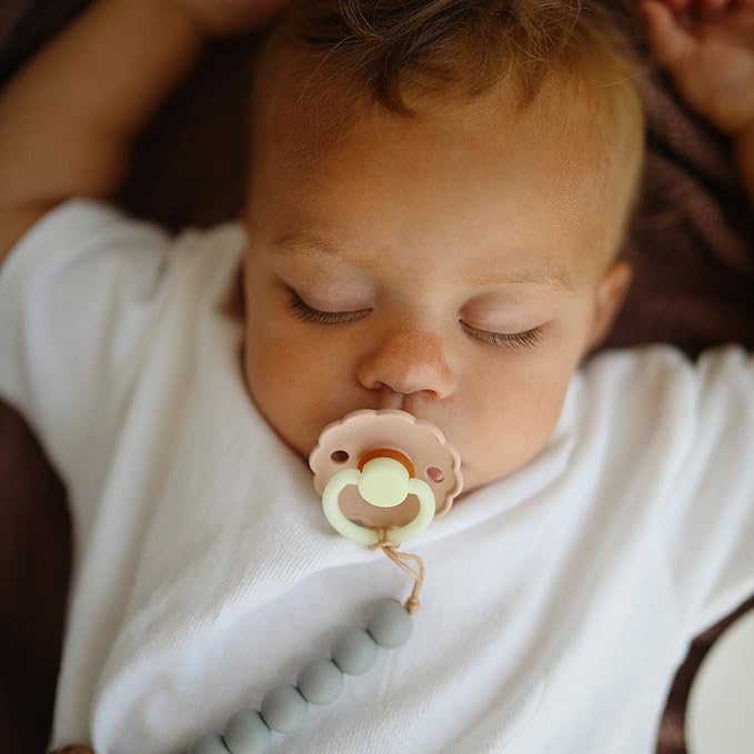 FRIGG Daisy Night Natural Rubber Baby Pacifier | Made in Denmark | BPA-Free (French Gray/Croissant, 0-6 Months) 2-Pack