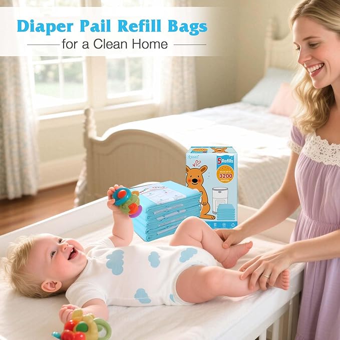5 Pack Diaper Pail Refill Bags Compatible with Dekor Plus Diaper Pail, 40% Extra Length Refills Holds up to 3770 Diapers, Thickened Multi-layer Odor Control (Baby Scent)