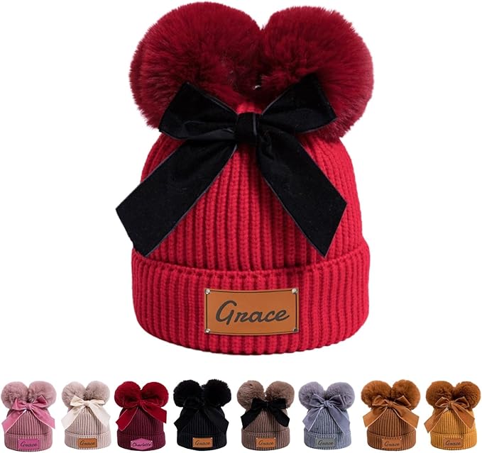 Personalized Toddler Beanie Hat with Bow - Custom Winter Pom Pom Beanies - Leater Patch Baby Warm Knit Hats