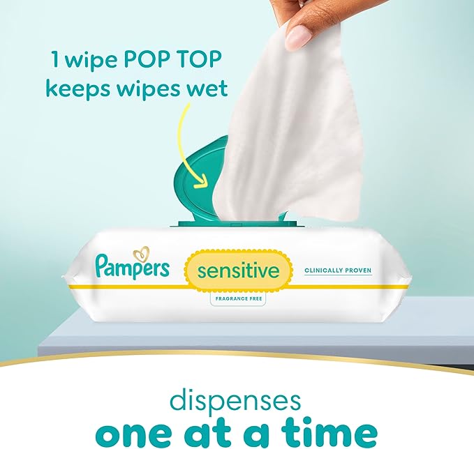 Pampers Baby Wipes Sensitive, Water Based Baby Wipes, Hypoallergenic and Unscented Baby Wipes, 56 Wipes Total (1 Flip-Top Packs)