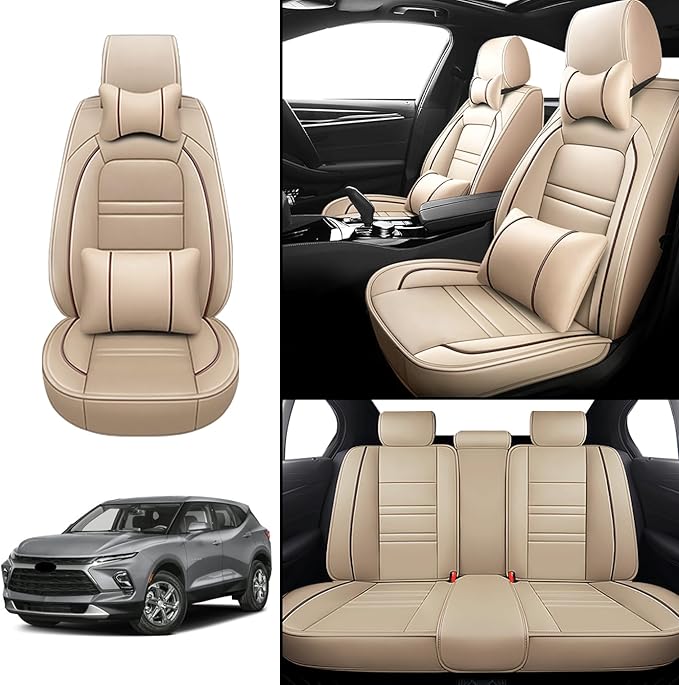 Car Seat Covers for Chevy Blazer 2019-2025 | 5-Seats Seat Covers, Waterproof Seat Protectors, Automotive Seat Covers (Full Set with Pillow,Beige)