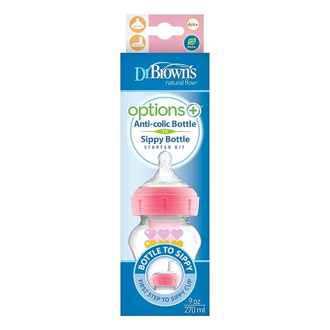 Dr. Brown's Anti-Colic Options+ Wide-Neck Sippy Bottle Starter Kit, 9oz/270mL, with Level 3 Medium-Fast Flow Nipple and Soft 100% Silicone Sippy Spout, Pink, BPA Free, 6m+