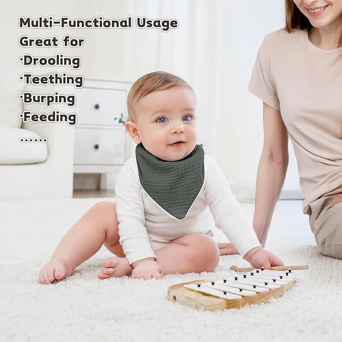 Susurration Muslin Baby Bibs 10Pack Baby Bandana Drool Bibs Soft Adjustable Newborn Bibs for Unisex Baby Girls & Boys (Greygreen)