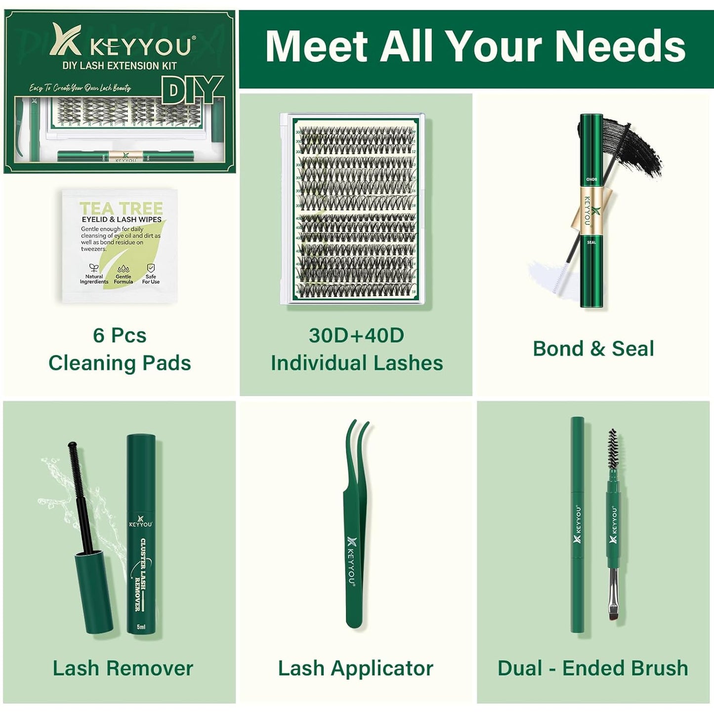 KEYYOU Lash Extension Kit DIY 280Pcs Lash Clusters Eyelash Extension Kit 30D40D,D Curl 9-18MIX Lash Clusters Kit with Lash Glue Remover Applicator Easy to Use for Beginners(Kit,30D40D-D,9-18MIX)