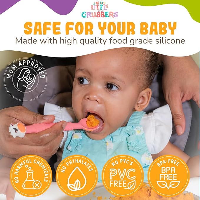 3-in-1 Silicone Baby Spoon Self Feeding 6+ Months - Pediatric OT Designed Teether Spoon, BPA Free Toddler Utensils, Mess-Free, Fun for Baby Led Weaning Supplies, Duck & Tiger