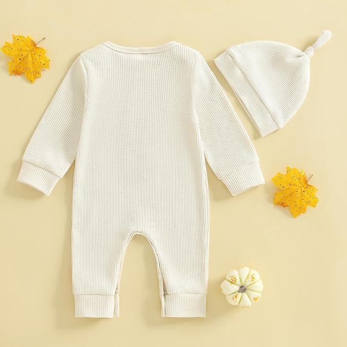 Newborn Infant Baby Boy Halloween Outfit Little Pumpkin Embroidery Romper Waffle Knit Long Sleeve Jumpsuit with Hat