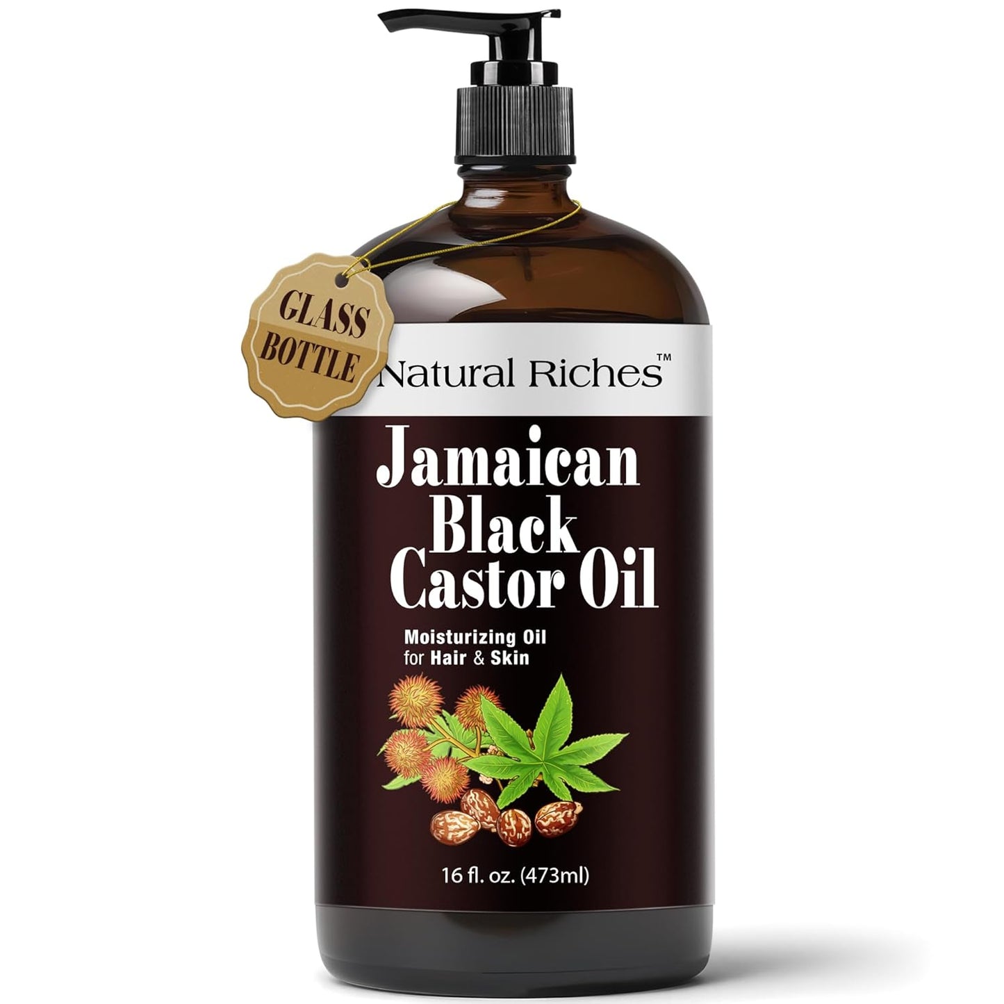 Natural Riches Jamaican Black Castor Oil Glass Bottle Pure Organic Cold Pressed for Hair Growth Skin Care for Dry Skin Conditioning Eyebrows Eyelashes Scalp and Nail Moisturizes & Repairs 16fl.oz.
