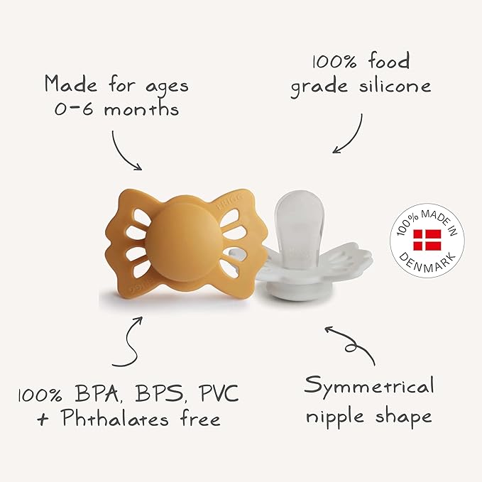 FRIGG Lucky Symmetrical SilkySoft Silicone Baby Pacifier | Made in Denmark | BPA-Free (Honey Gold/Cream, 0-6 Months)