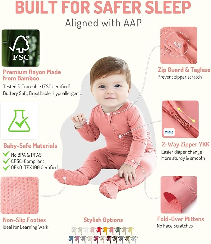 HAPIU Rayon from Bamboo Baby Footed Pajamas, 2 Way Zipper YKK, Footie for Baby Boy Girls, Newborn-24 Months