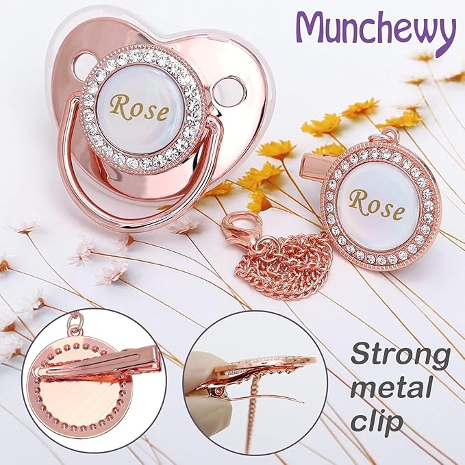 Custom Pacifier with Name, Bling Personalized Pacifier Clip Set with Gift Box, Glitter Crystal Luxurious Soother Dummy Ideal Gift for Boys Baby Shower Newborn Photography(Bling Pink)