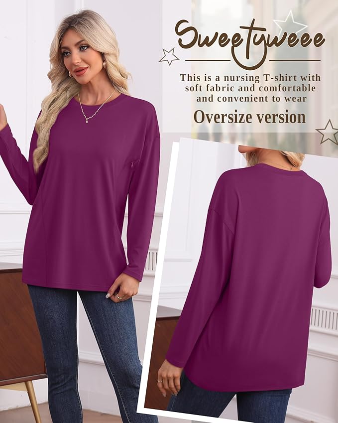 3 Pack Women's Nursing Breastfeeding Tops, Long Sleeve Maternity Shirts Oversize Hidden Zipper Pregnancy Clothes