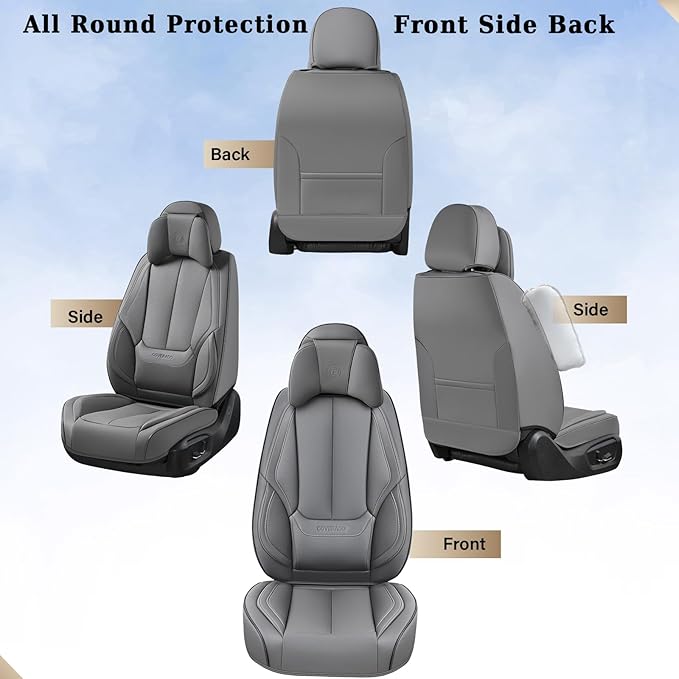 Coverado Universal Seat Covers Full Set, 5 Seats Universal Seat Covers for Cars, Waterproof Nappa Leather Car Seat Covers with Head Pillow, Auto Protectors Fit for Most Sedans SUV Pick-up Truck-Gray