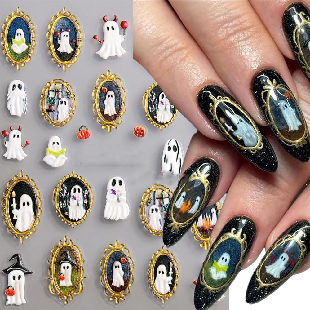Halloween Nails Stickers White Ghost Nails Sticker 5D Embossed Cute Ghost with Gold Frame Self Adhesive Sticker Nail Decals Pumpkins Nail Art Decal Halloween Decals for Nail DIY Manicure 1Sheet