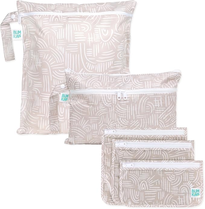Bumkins - Waterproof Wet Bag, Wet/Dry Clutch & Clear Travel Bags - For Beach, Baby, Travel, Cloth Diapers, Pump Parts, Pool, Gym, Toiletries - Reusable & Easy to Clean - Boho Beige - 5 Pack
