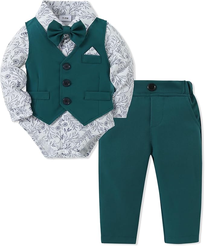 DISAUR Baby Boy Clothes Toddler Boy Outfits 4PCS Gentleman Dress Romper/Vest/Pants/Bow Tie Cotton Suit Sets