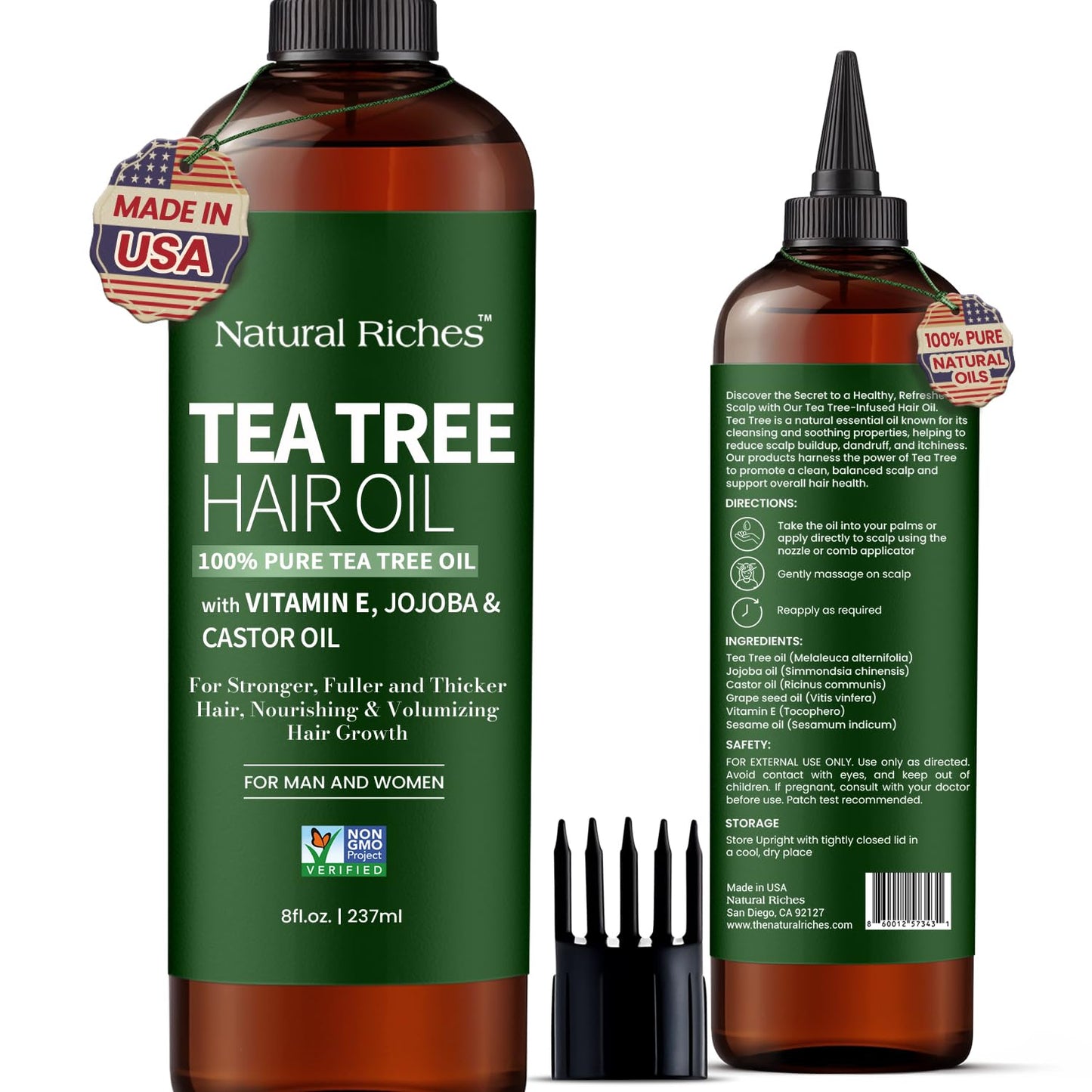 Natural Riches Tea Tree Oil for Hair - Blended with Vitamin E and Castor Oil for Hair Growth - Tea Tree Scalp Treatment for Dry Scalp - Lightweight Scalp Oil for Healthy, Strong Hair - 8 fl oz