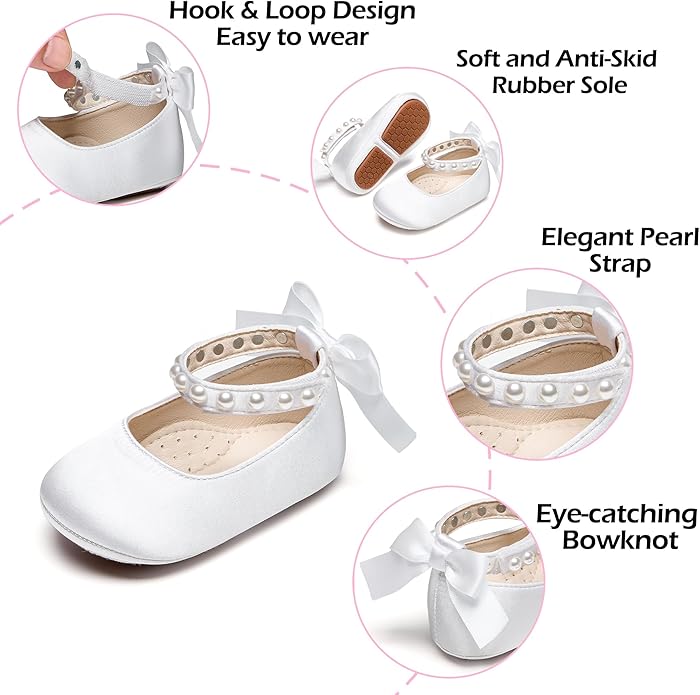 Baby Girls Mary Jane Flats - Infant Newborn Walking Shoes Soft Rubber Sole Princess Wedding