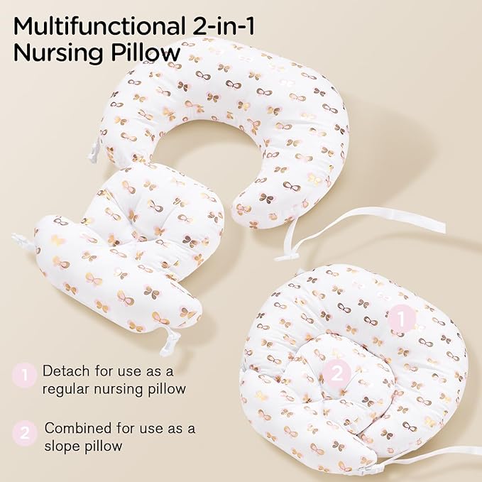 Little Grape Land Nursing Pillow, Multifunctional Breast Feeding Pillow with Arm Pillow, 3pk Baby Support Pillow with Adjustable Waist Strap and Removable Cover, Pink Gold